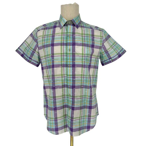 Robert Graham Button Front Short Sleeve Shirt ECUADOR Shark Print Purple Green M - Picture 9 of 10